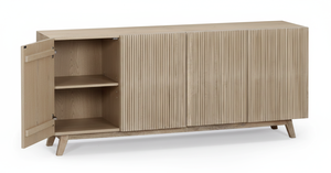 Slatted Mango Wood Credenza Sideboard with Four Doors Featuring Elegant Vertical <b>Wooden</b> <b>Strip</b> Design - Product Image 3