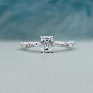 IGI Certified Emerald Cut Engagement <b>Ring</b> with Pave <b>Diamond</b> Band White Gold-<b>Diamond</b> <b>Rings</b> - Product Image 1