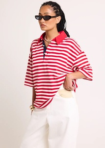 Camiseta de Mujer a Rayas 100% Algodón/Poliéster, Manga Corta, Manga Raglán, Cuello con Solapa, Estilo Holgado y Cuadrado, Verano - Product Image 3