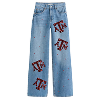 Pantalon en denim brodé du jour du match personnalisé taille haute nouveau design de jean ample avec paillettes cousues à la main populaire pour les femmes