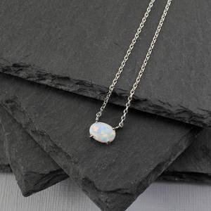 tiny <b>opal</b> stone <b>necklace</b> rhodium plated silver chain - Product Image 4