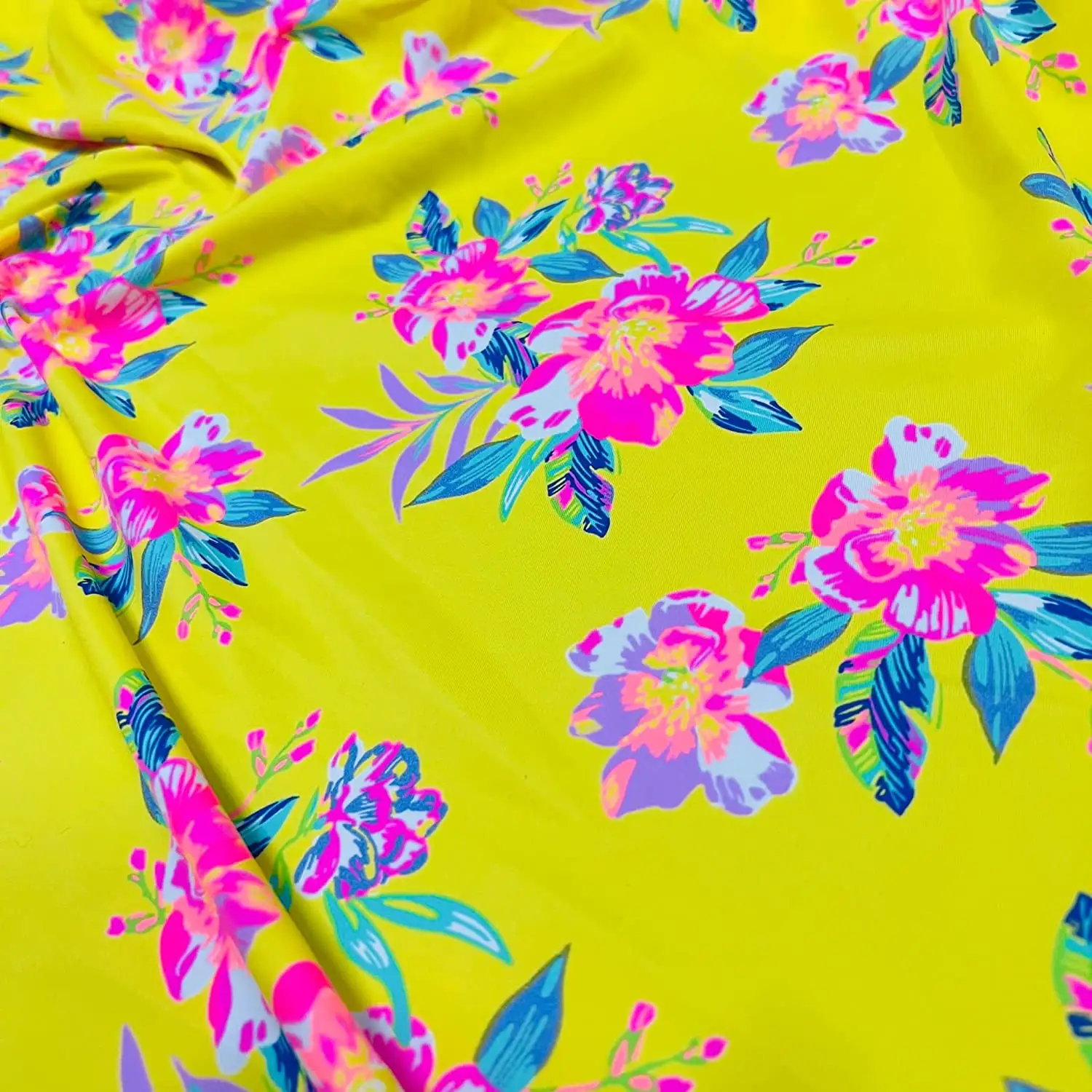 Cetakan Neon Bunga Kuning 4 Cara Kain Spandeks Melar dengan Berat Sempurna untuk Pakaian Renang Gaun Dansa Gymwe