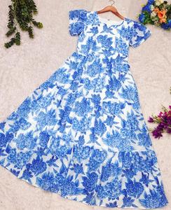 ชุดเดรสยาวสไตล์โบฮีเมียนสำหรับผู้หญิง, เดรสกระโปรงบานพริ้วไหวแขนพองพิมพ์ลายดอกไม้สำหรับฤดูร้อน - Product Image 5