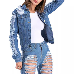 Veste en jean à bas prix, décontractée, à la mode, pour femmes, nouvelle conception personnalisée, veste en jean à ourlet à franges déchirées avec couleurs et logo personnalisés - Product Image 3