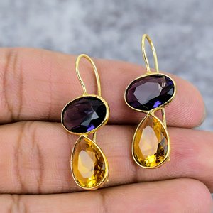 Amethyst & <b>Citrine</b> 925 Sterling Silver Gold Plated Oval & Pear Gemstone <b>Earrings</b> Wire <b>Earrings</b> for Women <b>Earrings</b> Gift for Her - Product Image 2