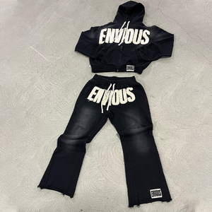 Custom French Terry Sweatsuit Jogger Sets Tracksuit Distressed Patch <b>Applique</b> Embroidery Flared Hoodie and Sweatpants Set - Product Image 2