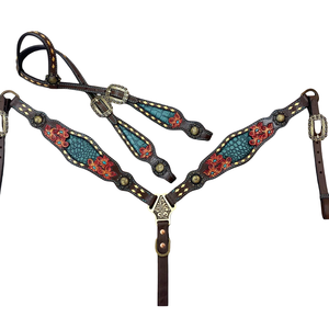 Top Quality Western Equestrian Horse Crocodile Skin Textured Cowhide Leather Headstall & Gladiator Breast Collar Roping Tack <b>Set</b> - Product Image 1
