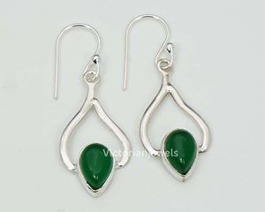 925 <b>Solid</b> Sterling <b>Silver</b> May Birthstone Green Onyx Pear Shape Drop <b>Earrings</b> with Hook Elegant Design for Women - Product Image 3