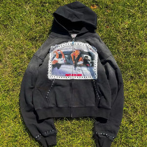 Custom Heavyweight Acid Wash Relaxed Fit Men's Streetwear <b>Jacket</b> Zipper <b>Rhinestone</b> Vintage Distressed Zip Up Hoodies - Product Image 1