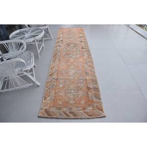 Vintage Turkish Rug, 2.7x10.3 ft Herki Rug, <b>Brown</b> Orange Floral <b>Wool</b> Rug - Product Image 1