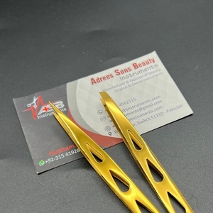 Pinzas profesionales para cejas inclinadas de acero inoxidable con puntas moldeadoras de oro de plasma con logotipo personalizado - Product Image 5