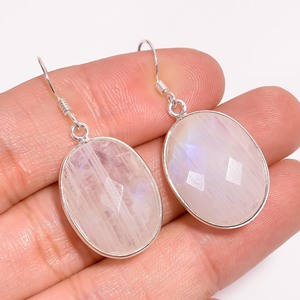 ต่างหูเงินสเตอร์ลิงทำมือต่างหูเงินจี้พลอยรูปวงรีสีรุ้งงานทำมือ925 - Product Image 1