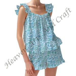 Conjunto de pijama con estampado de tiras de bloque de mano indio para mujer, conjunto de pijama de algodón para Primavera/Verano con tirantes y volantes - Product Image 4