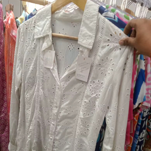 Blusa Blanca de Algodón con Bordado de Ojales y Estampado de Leopardo Vintage, Manga Larga, Abotonada, Informal de Verano, Transpirable para Fiesta - Product Image 1