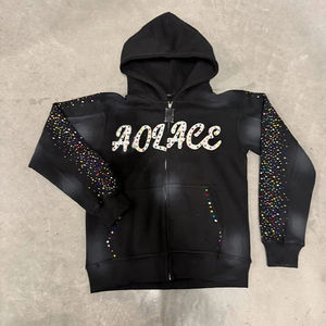 Ensemble de survêtement décontracté personnalisé avec strass, fermeture à cordon, sweat à capuche et pantalon de jogging en molleton 100 % coton - Product Image 5