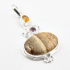 Pendentif Bohème Artisanal de Caractère pour Femme, en Pierre de Jaspe, Argent Sterling 925 Massif, Sertissage Clos, 9g - Product Image 1