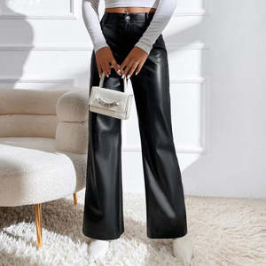 Pantalon en cuir pour femme extensible à taille haute conception de mouche à glissière coupe ajustée vêtements de mode modernes et élégants - Product Image 1