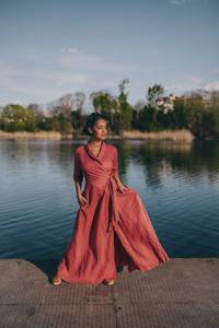 Linen Wrap Dress in Moroccan Red, Maxi Linen Dress, <b>Shawl</b> Collar Linen Maxi Dress Women, Summer Dress, Plus Size, Elegant Dress - Product Image 3