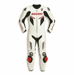 Combinaison de Course Moto en Cuir de Vachette Blanc Respirant Ducati avec Nom d'Équipe Personnalisé et Protections CE, Tenue de Pilotage MotoGP Une Pièce - Product Image 1