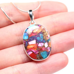 Pendentif turquoise d'huître épineuse en argent sterling Collier ovale turquoise en cuivre bleu violet fabriqué à la main - Product Image 1