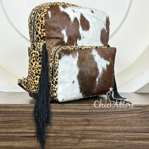 Nouveau Design à la mode en cuir de vachette véritable sac à dos imprimé léopard frange Style occidental fait à la main cheveux cacher sac de voyage pour les femmes - Product Image 1