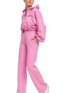 Meilleure vente Survêtements pour femmes Hauts à fermeture éclair avec ensembles de pantalons Sweat-shirt en molleton Survêtement de couleur unie pour femmes Deux pièces - Product Image 5