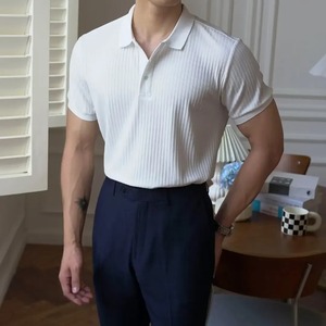 Summer Vintage Men's Short Sleeve for Polo Shirt 100% Cotton New Trendy Casual Knitted Lapel T-shirt Striped Solid Color - Product Image 3