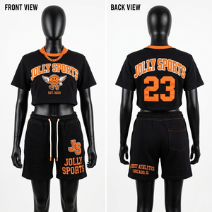 Ensemble t-shirt court et short pour femme, jersey de coton, imprimé contrasté orange, logo transfert thermique, tenue personnalisée, Crop Top & Shorts - Product Image 1