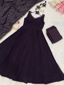 Ensemble de robe Anarkali noir léger pour femmes pantalon Dupatta miroir dentelle travail bordure Style traditionnel tissu Georgette pour les fêtes - Product Image 3