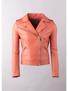 Chaqueta Bomber de Cuero Genuino Naranja para Mujer, Hombros Acolchados, Cierre Asimétrico, Forro de Algodón Transpirable para Invierno - Product Image 4