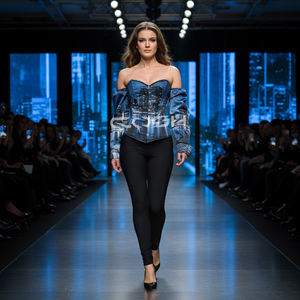 Corsé Sublimado Azul Satinado al por Mayor con Mangas y Estampado Personalizado, Top Corsé con Diseño de Horizonte Urbano, Fabricante de Bustiers - Product Image 3