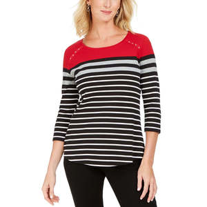 Top Sportivo da Donna Karen Scott Rosso Brillante Taglia Piccola con Strisce Bicolore e Occhielli in Tessuto Lavorato a Maglia - Product Image 1