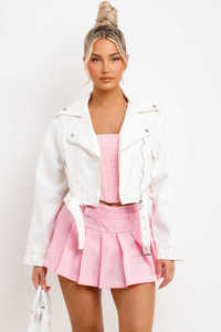 Lo último en chaqueta vaquera con cuello de solapa recortada blanca personalizada, cinturón ajustable, cierre con cremallera diseñado para mujeres para todas las estaciones, comodidad - Product Image 5