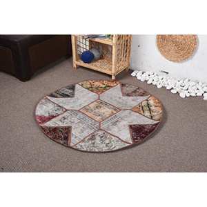 Alfombra de lana turca Vintage ecléctica de 3,4x3,4 pies Boho Beige Patchwork ovalada hecha a mano ecológica pila media respaldo de látex comedor - Product Image 3