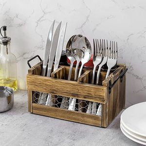 Wholesale Rustic Brown Wood Utensil Holder and Napkin Rack with Black Metal Handles and Metal Net Front Panel Dining Flatware - Product Image 3