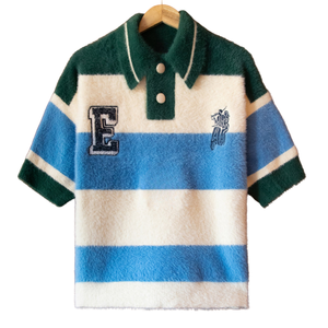 Polo de Punto con Rayas de Mohair, Hilo de Textura Suave, Ropa de Invierno Premium, Cuello Oversize, Bordado Universitario, Corte Casual - Product Image 6