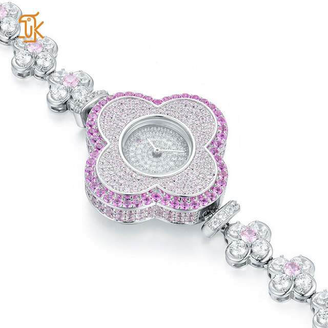 S925 Silver Jewelry Watch for Women Swiss Quartz Movement Pink Crystal 5A Zircon Rhodium Plated Clover Luxury Wristwatch OEM