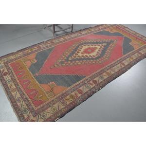 Vintage Turkish Rug, 4.9x11.7 ft Rug, <b>Red</b> Striped <b>Wool</b> Rug - Product Image 2
