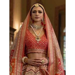 ชุดแต่งงานผ้าไหมราชวัดีสีส้ม งานปักกระจก ชุดเลเฮนกาโชลี - Product Image 1