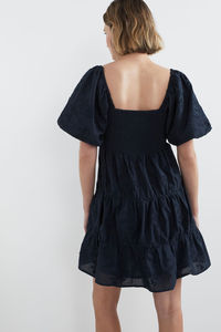 SRJ EXPORTS Shirring Back Three-dimensional Plain Floral Embroidered Dress XL Plus Size Cotton Linen Short <b>Bubble</b> Sleeves A-Line - Product Image 3