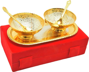 Nautical Copper Metal Floral Bowl Set 5 Pieces Set in Red Velvet Jewelry Box W/ <b>Ribbon</b> Kitchen Serving Bowl Metal Gift - Product Image 4