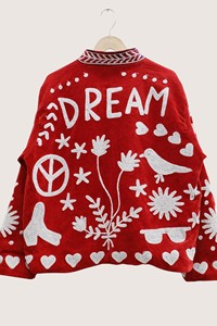 Veste en tissu éponge rouge bohème brodée avec symbole de paix et motif d'oiseaux, manches longues, col rabattu, grande taille, vêtement d'extérieur pour l'hiver - Product Image 4