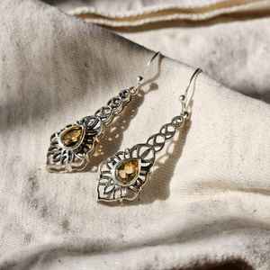 Vintage <b>citrine</b> gemstone silver <b>earrings</b> 925 sterling silver <b>earrings</b> for women daily wear gemstone silver <b>earrings</b> - Product Image 3