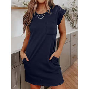 Vestido Corto de Viscosa de Dos Hilos con Cuello Redondo y Bolsillos para Mujer, 37837 - Azul Marino - Product Image 2