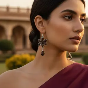 925 Silver Flower Earrings Smokey Quartz Gemstone Cute <b>Pendant</b> Drop Design for Wedding-Main Stones Include <b>Amber</b> Pearl Diamond - Product Image 1