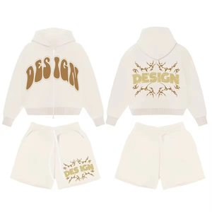 Ensemble survêtement unisexe de haute qualité avec sweat à capuche zippé et short, en molleton 100% coton, couleur unie, effet délavé à l'acide, personnalisable avec broderie, collection automne - Product Image 6
