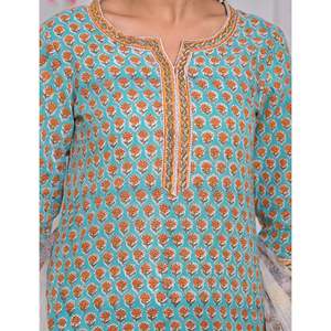 Conjunto de pantalón y kurta de algodón informal de verano, color verde marino, estampado en bloques, para mayor comodidad y estilo. - Product Image 2