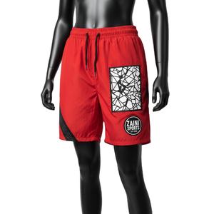 Shorts cortavientos para mujer, tela suave de poliéster tejido, secado rápido, paneles rojos y negros, logo impreso con calor. - Product Image 4