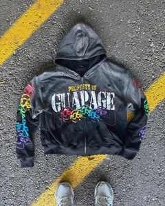 OEM personalizado de algodón de impresión de corte crudo dobladillo borde Sudadera con capucha Puff estampado pantalón hombres chándal apilado acampanado para hombre de dos piezas Jogger conjuntos - Product Image 4