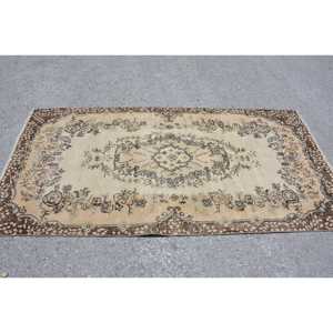 Turkish Vintage Rug, 3.6x7.2 ft Rug, <b>Brown</b> Beige Polka dot <b>Wool</b> Rug - Product Image 3